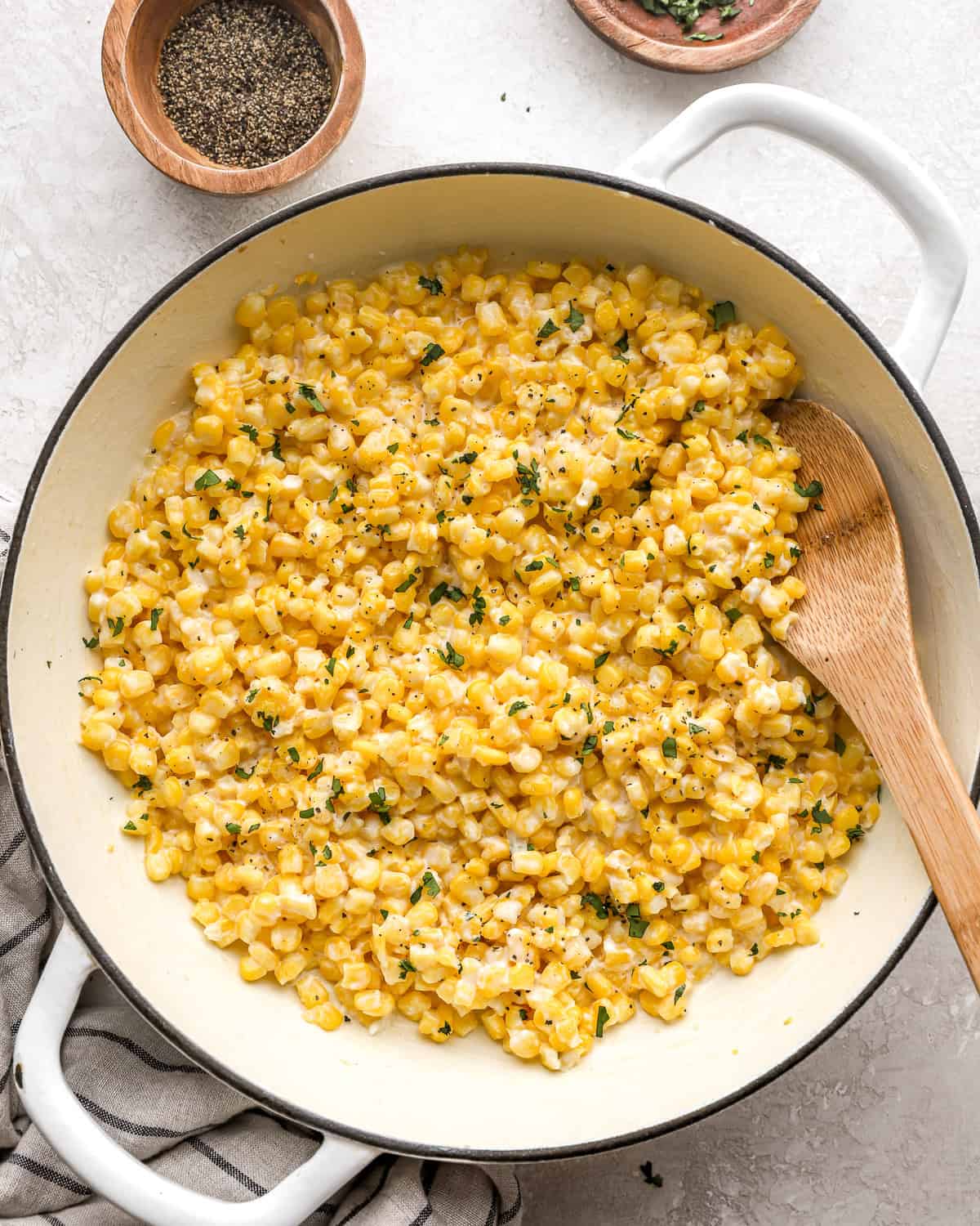 overhead view of honey butter skillet corn in a pan.