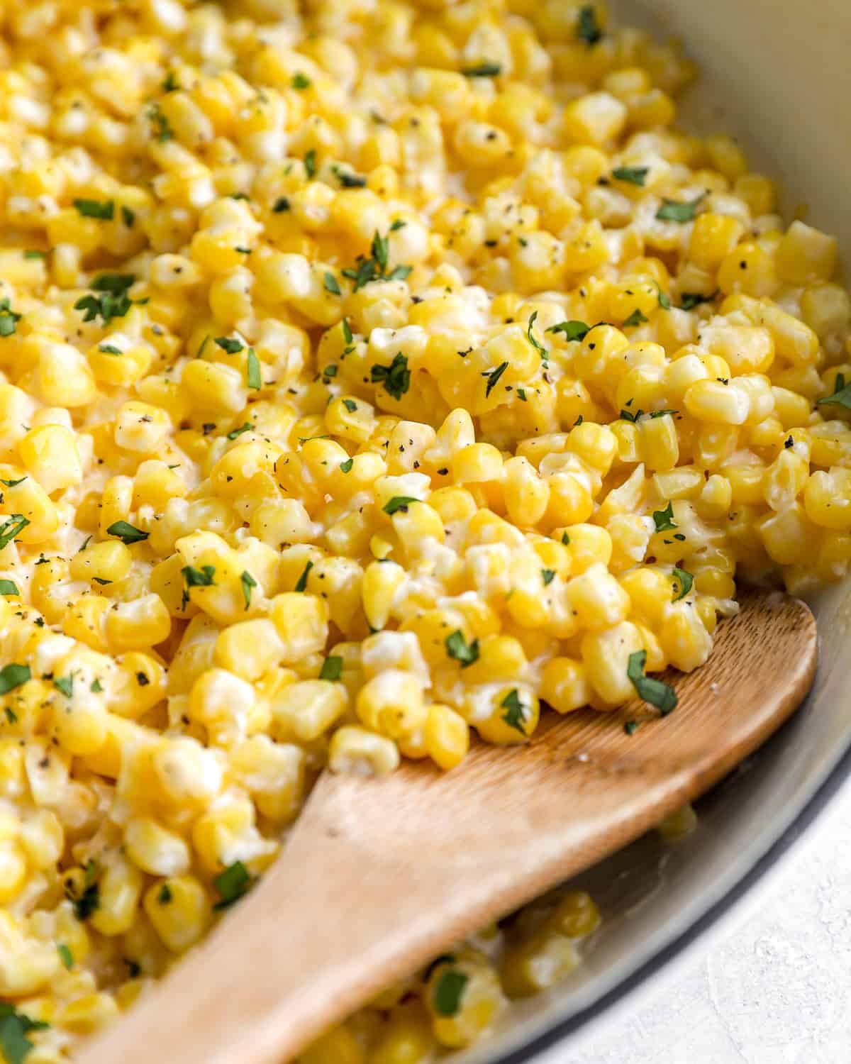 closeup view of honey butter skillet corn in a pan.