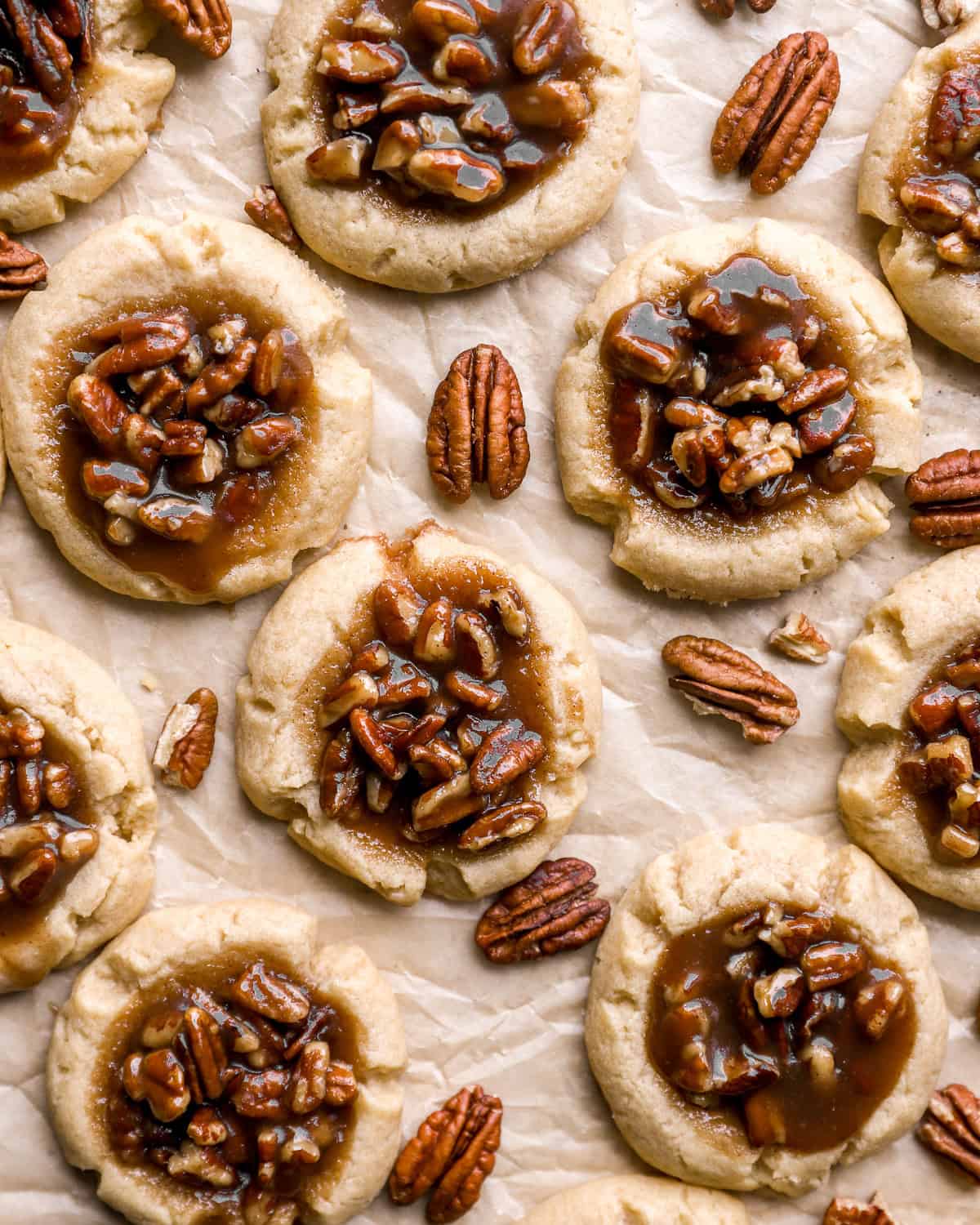 overhead view of pecan pie cookies.