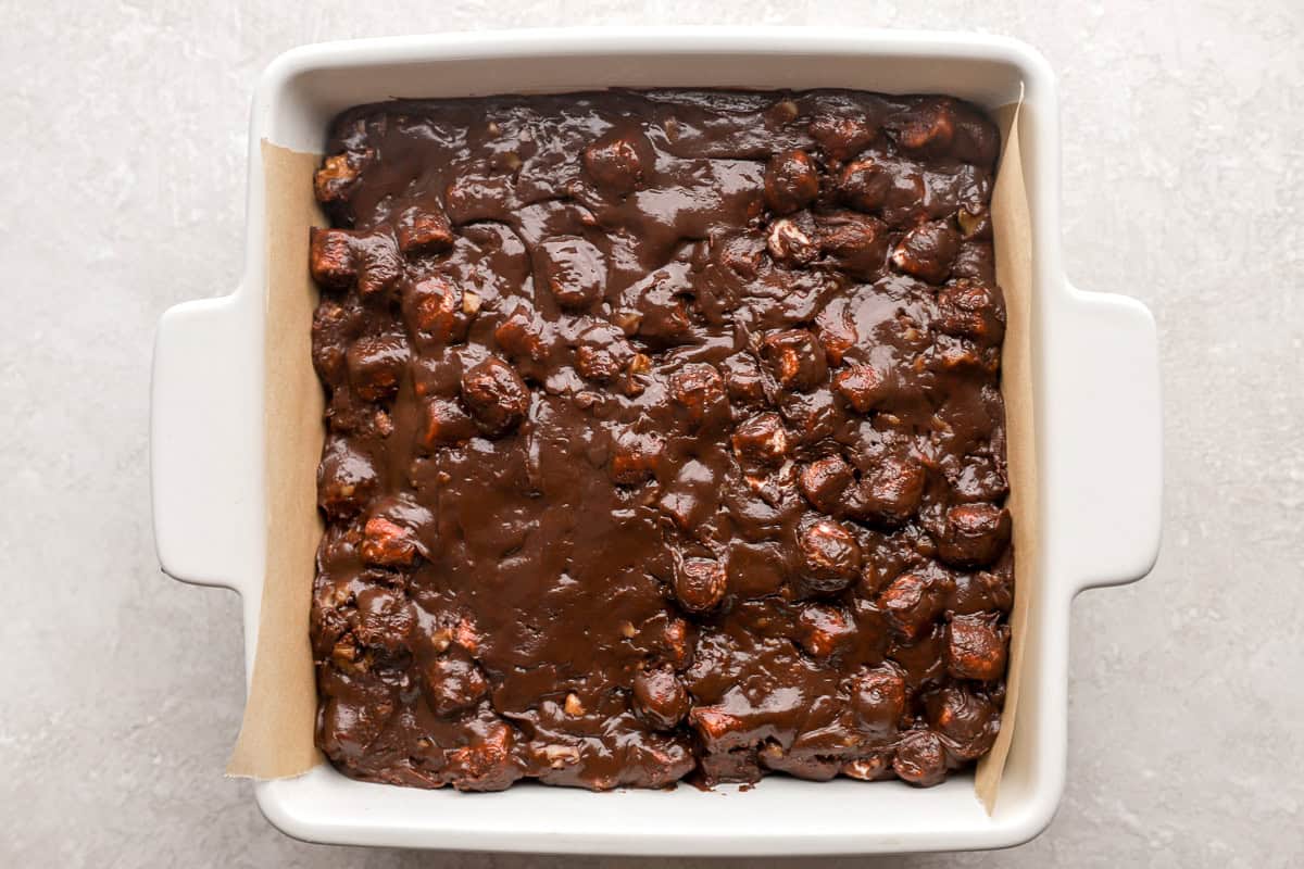 rocky road fudge in a baking pan.