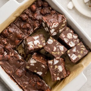 overhead view of partially cut rocky road fudge squares in a baking pan.