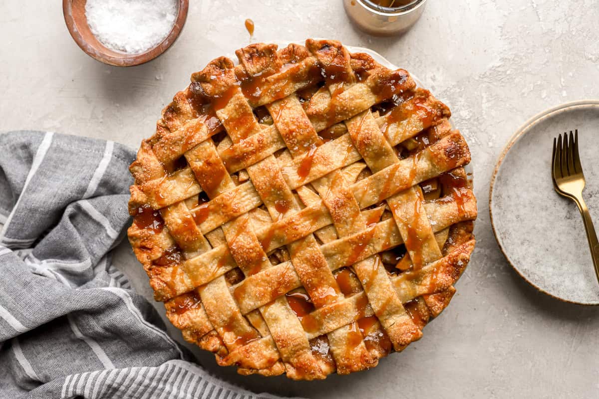 overhead view of salted caramel apple pie.