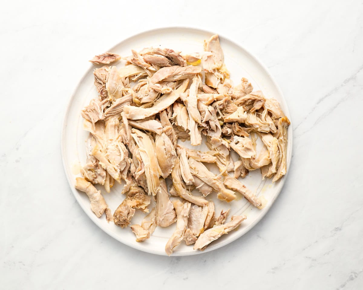 Shredded cooked chicken arranged on a white plate, prepared to be added to the soup.